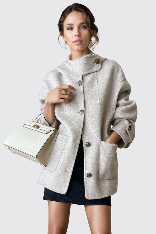 Jacket with Buttoned Collar - Beige