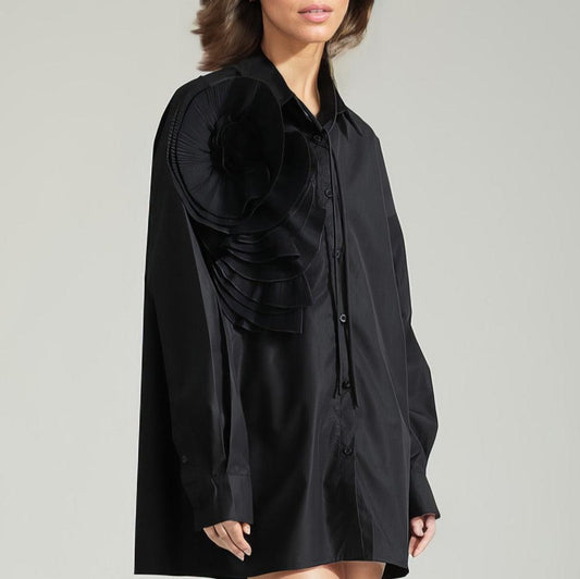 Button-Down Shirt with Flower - Black