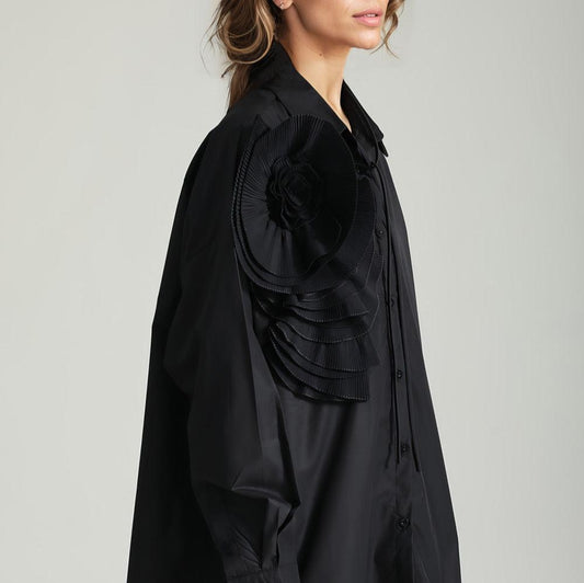 Button-Down Shirt with Flower - Black