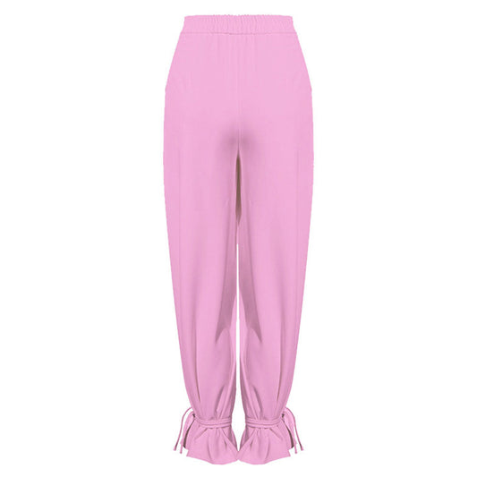 Trendy Solid Color Ankle Tie High Waist Wide Leg Pants