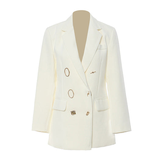 Unique Gold Tone Hardware Lapel Collar Double Breasted Blazer