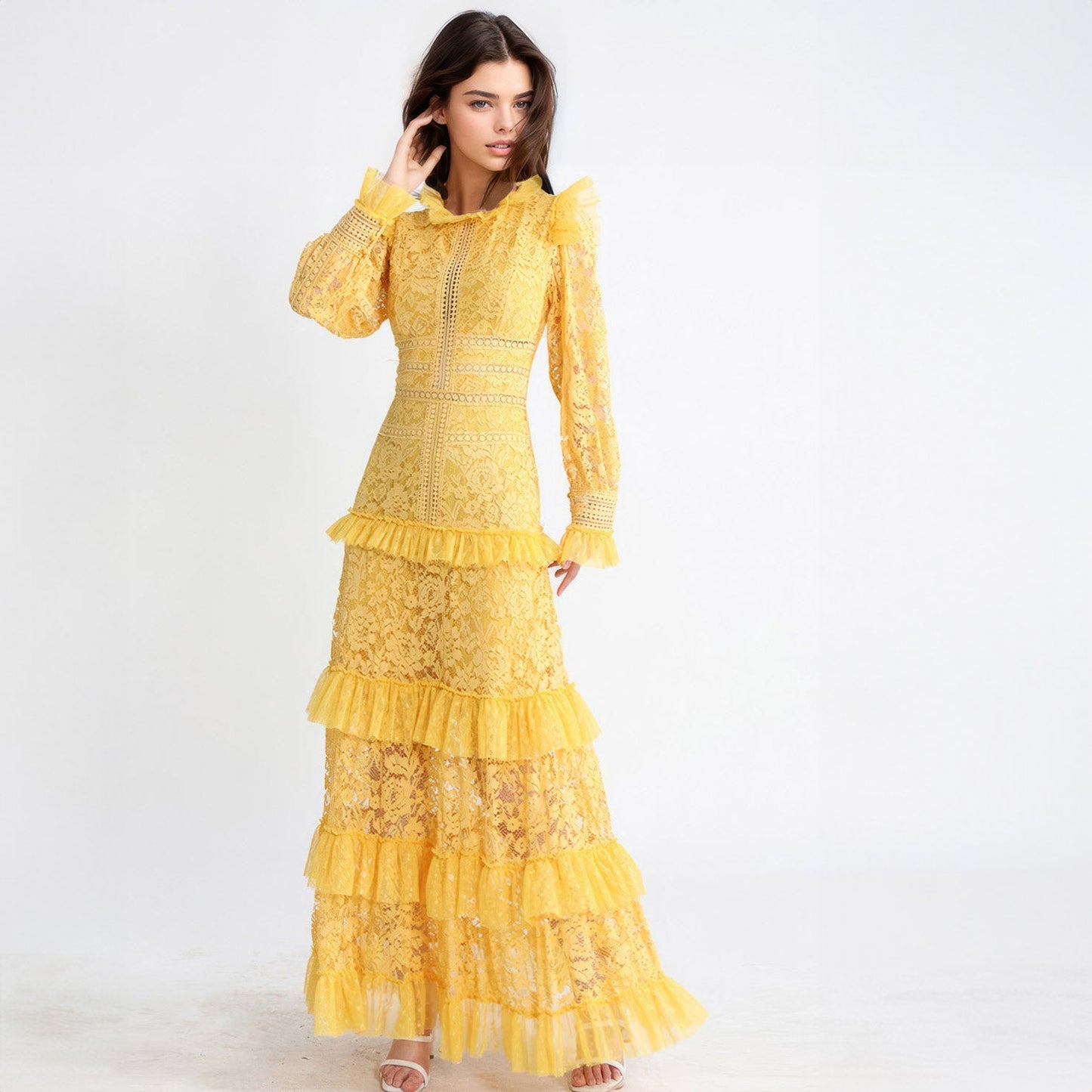 Textured Maxi Dress with Long Sleeves - Yellow
