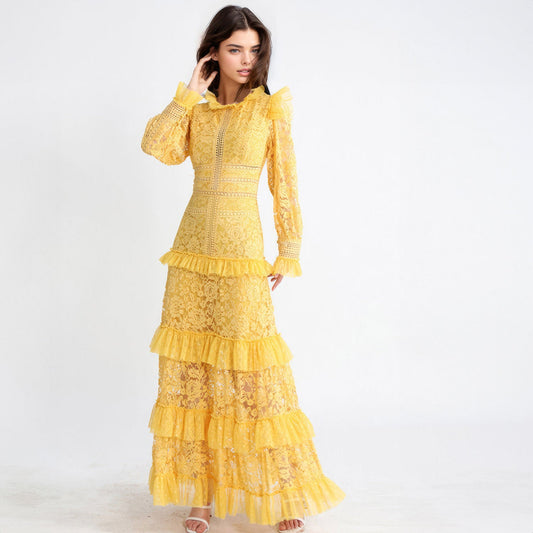 Textured Maxi Dress with Long Sleeves - Yellow