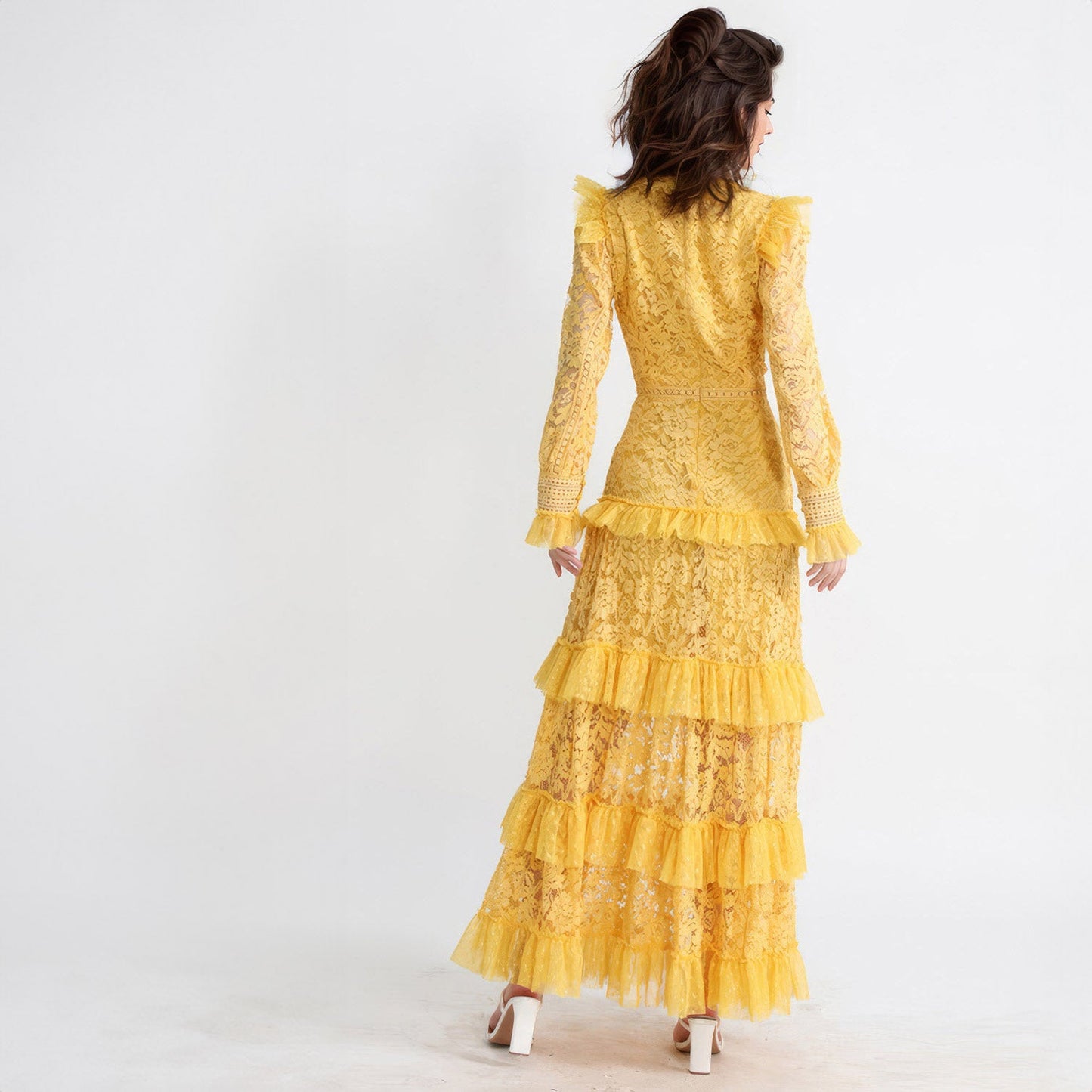 Textured Maxi Dress with Long Sleeves - Yellow